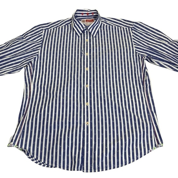 Robert Graham Men's Freshly Laundered Shirt Blue & White Striped Patchwork Sz L - Picture 8 of 16